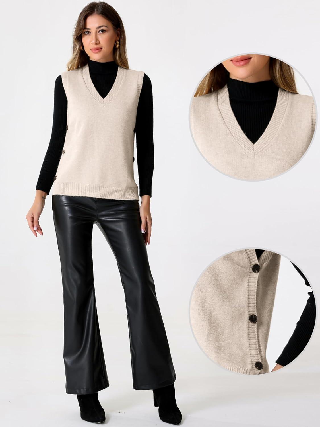 imageAllegra K Knit Sweater Vest for Womens Sleeveless Ribbed V Neck Pullover VestBeige