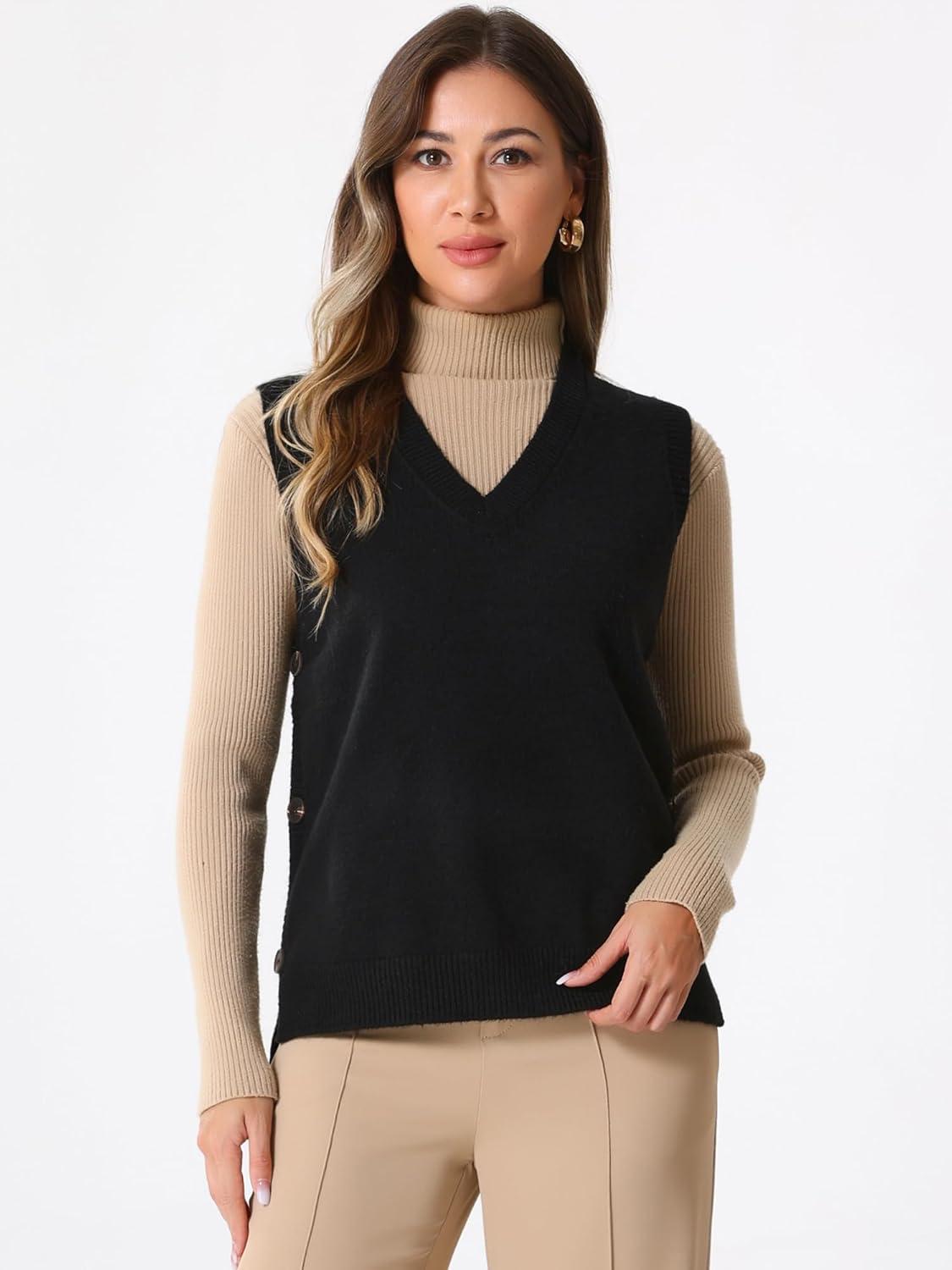 imageAllegra K Knit Sweater Vest for Womens Sleeveless Ribbed V Neck Pullover VestBlack