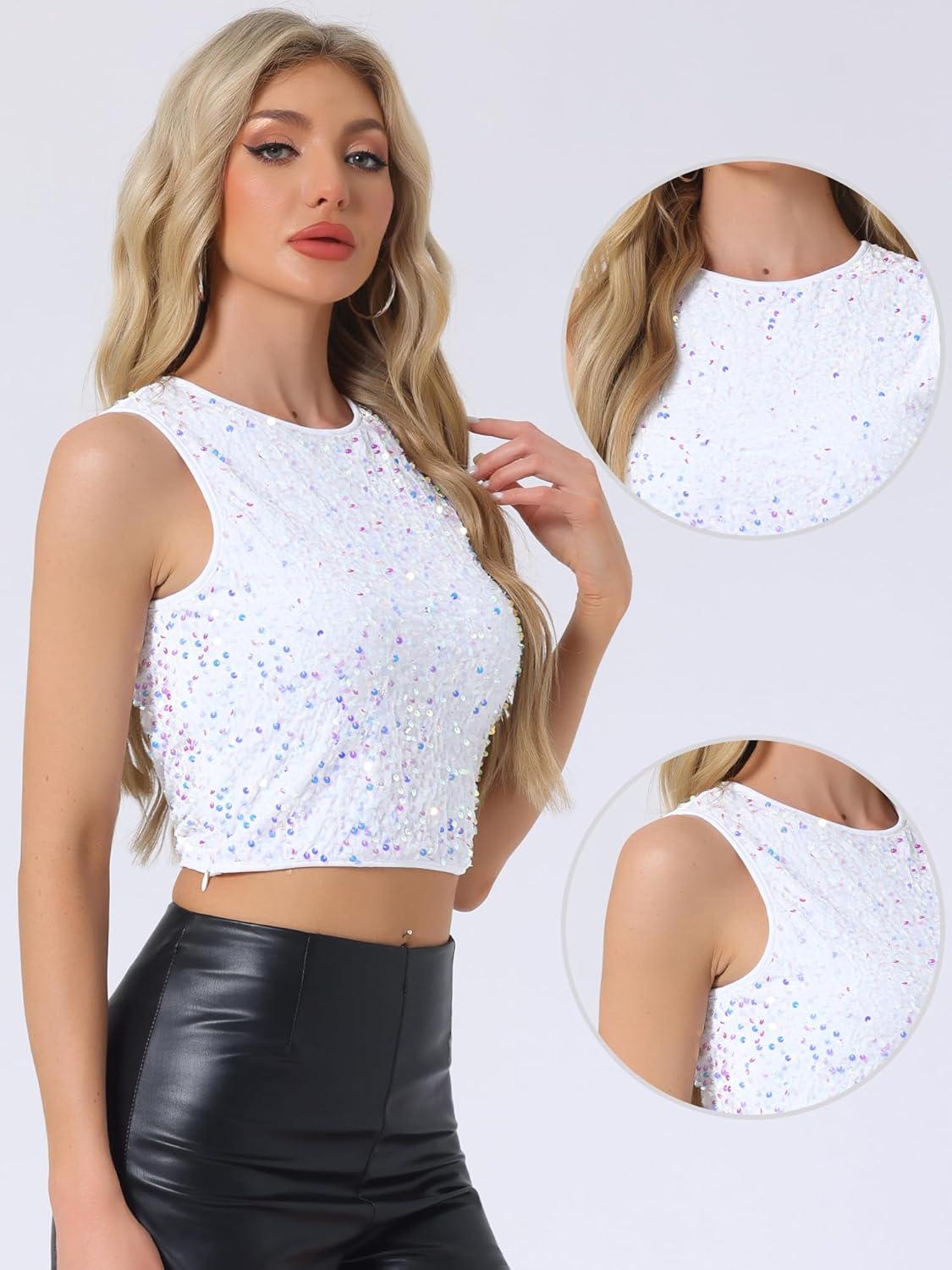 imageAllegra K Sequin Tops for Womens Sparkle Glitter Sleeveless Club Party Nightout Crop Tank TopWhite