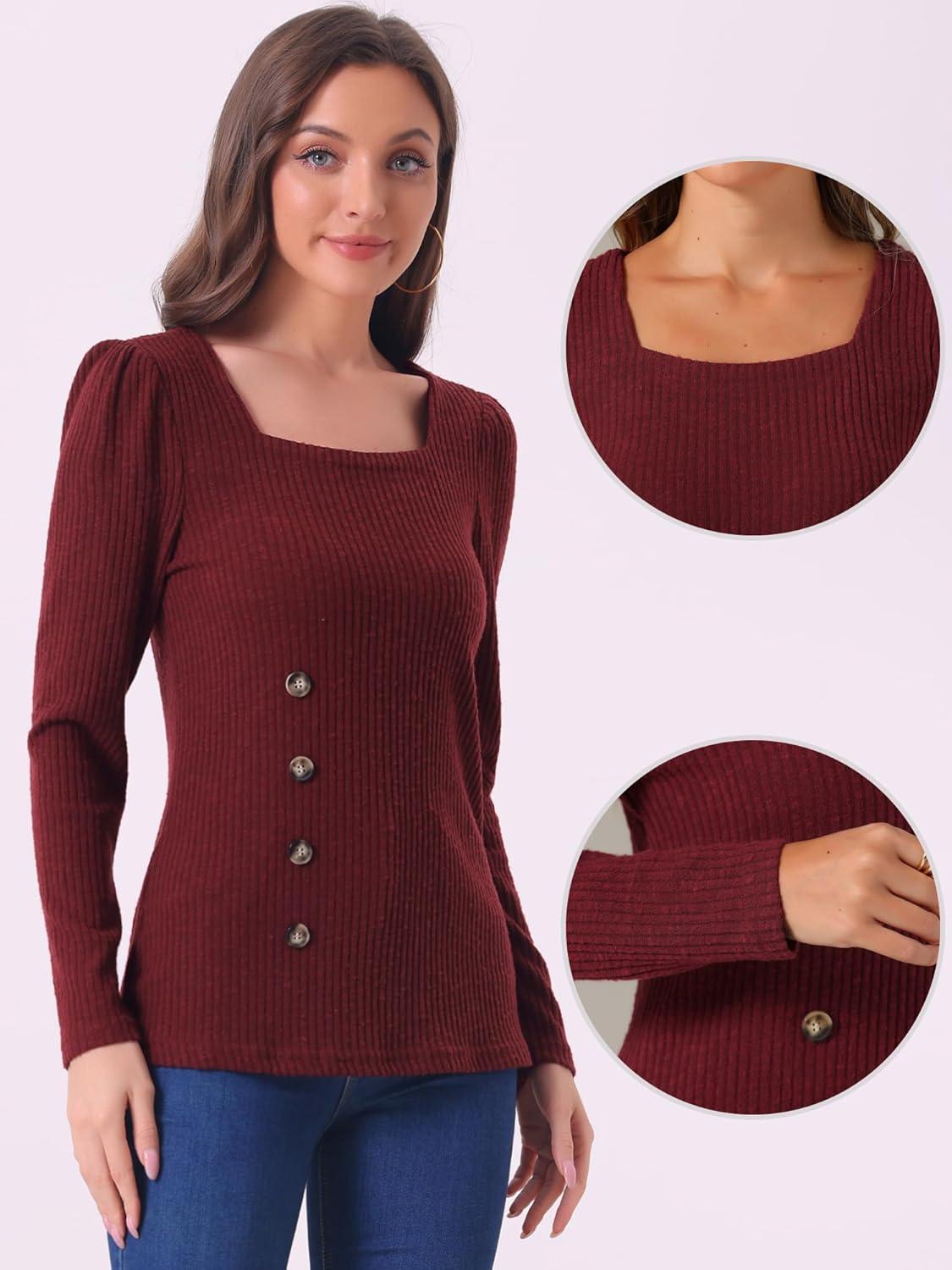 imageAllegra K Square Neck Sweaters for Womens Vintage Teacher Long Sleeve Pullover Ribbed Knit TopBurgundy