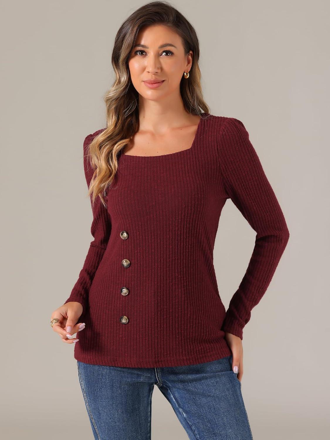 imageAllegra K Square Neck Sweaters for Womens Vintage Teacher Long Sleeve Pullover Ribbed Knit TopBurgundy