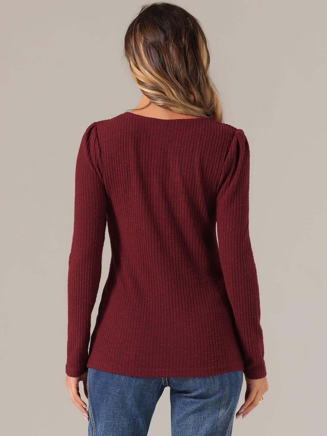 imageAllegra K Square Neck Sweaters for Womens Vintage Teacher Long Sleeve Pullover Ribbed Knit TopBurgundy
