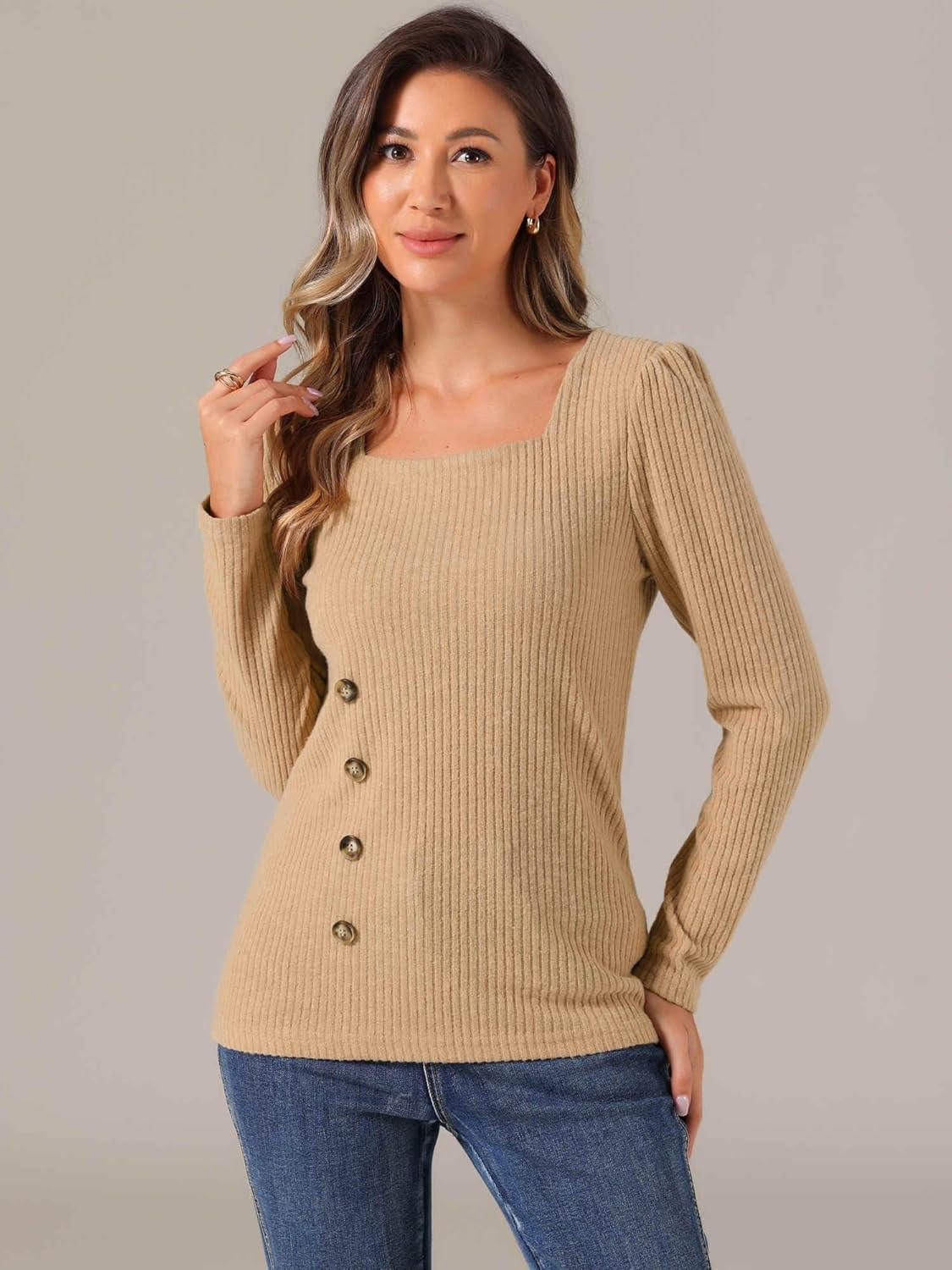 imageAllegra K Square Neck Sweaters for Womens Vintage Teacher Long Sleeve Pullover Ribbed Knit TopKhaki