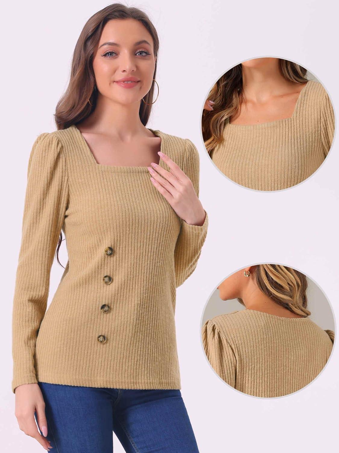 imageAllegra K Square Neck Sweaters for Womens Vintage Teacher Long Sleeve Pullover Ribbed Knit TopKhaki