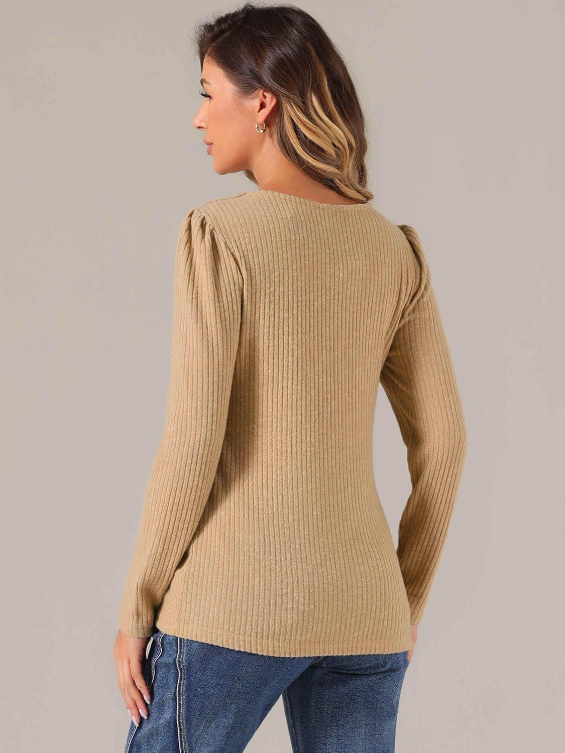 imageAllegra K Square Neck Sweaters for Womens Vintage Teacher Long Sleeve Pullover Ribbed Knit TopKhaki