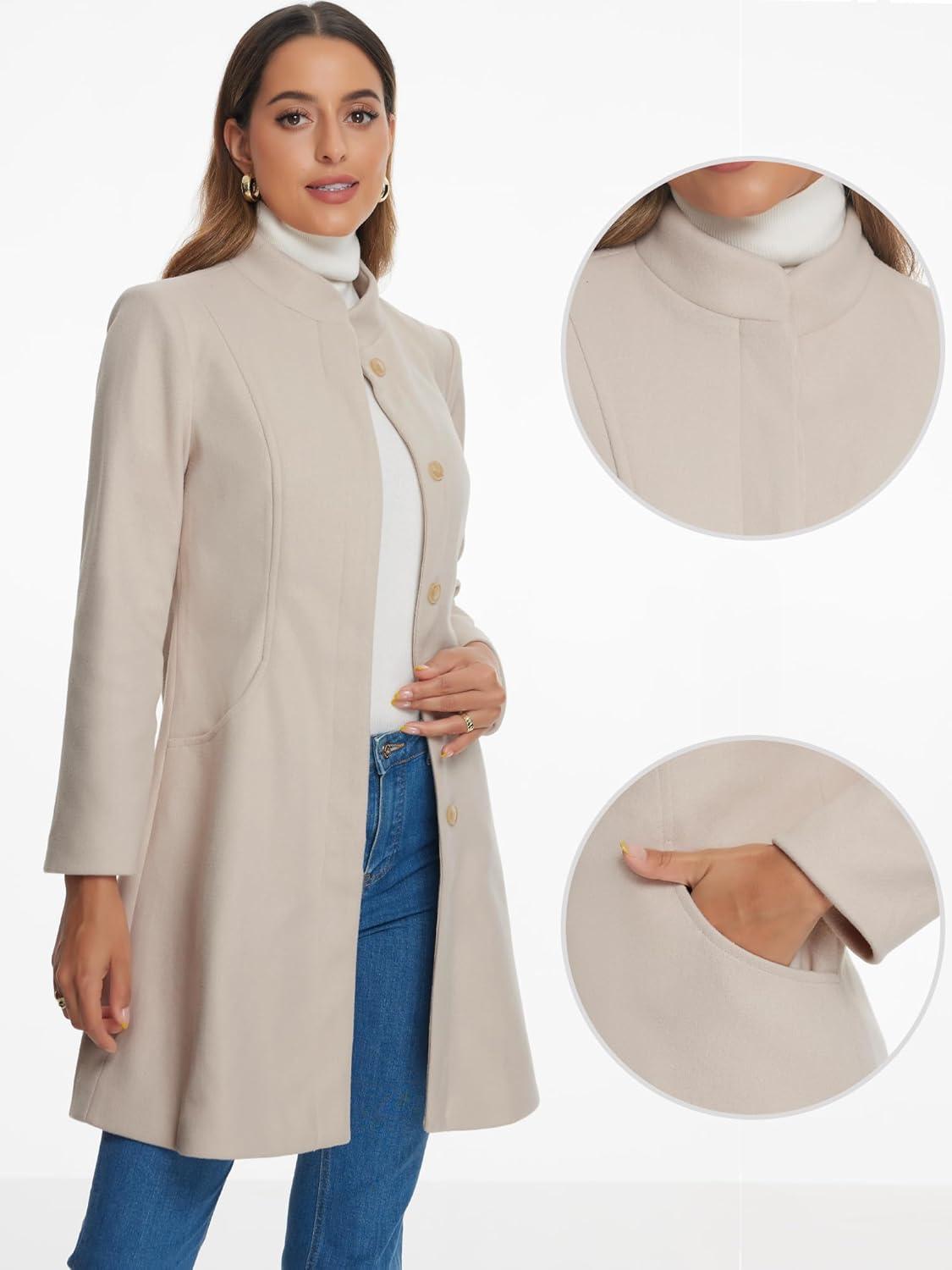 imageAllegra K Stand Collar Coats for Womens Elegant Slim Fit Hidden Placket Casual OvercoatCream White