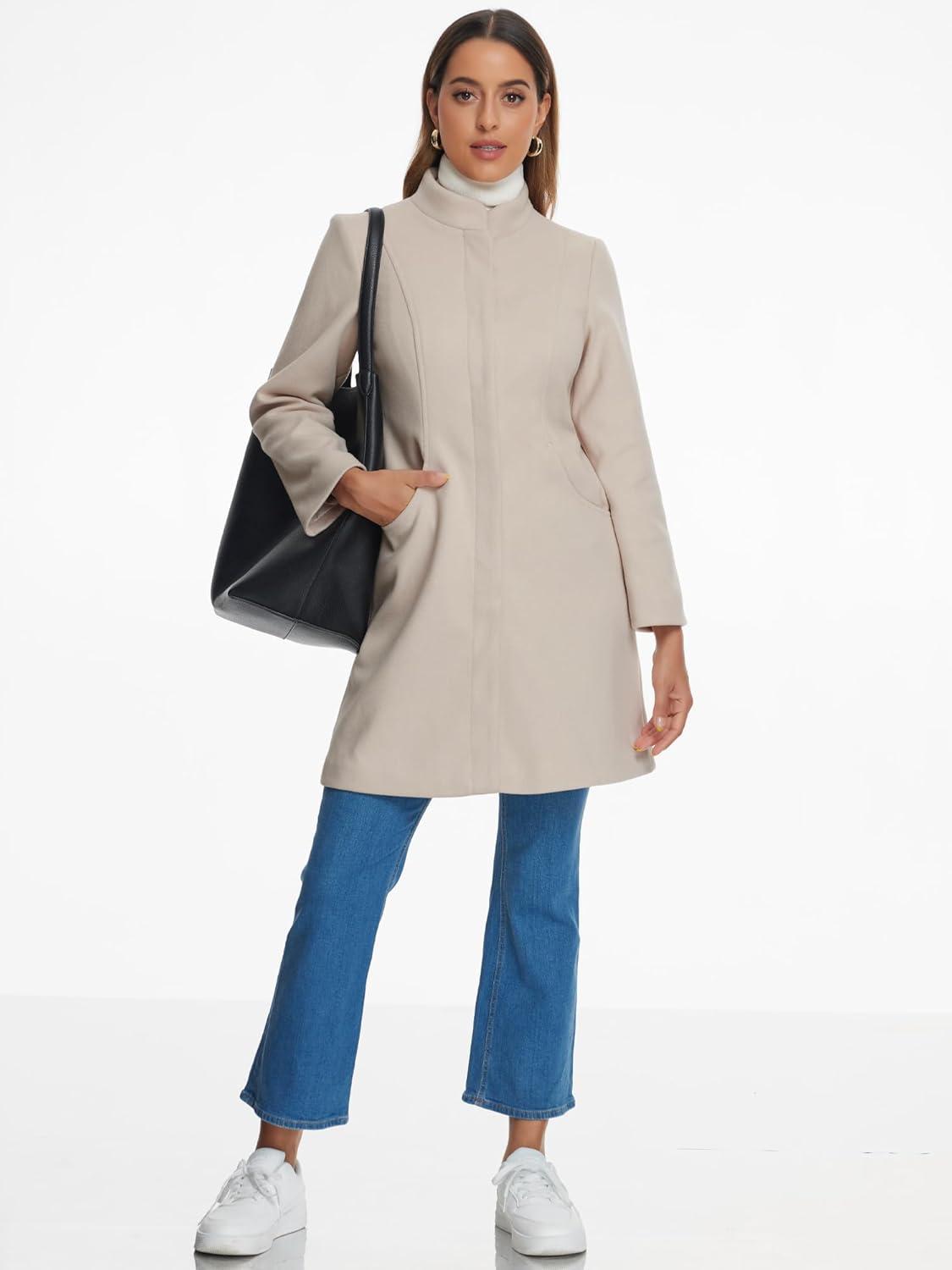 imageAllegra K Stand Collar Coats for Womens Elegant Slim Fit Hidden Placket Casual OvercoatCream White