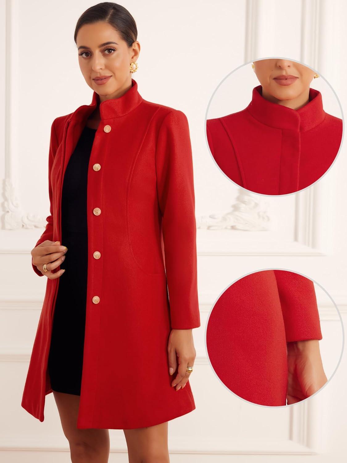 imageAllegra K Stand Collar Coats for Womens Elegant Slim Fit Hidden Placket Casual OvercoatRed