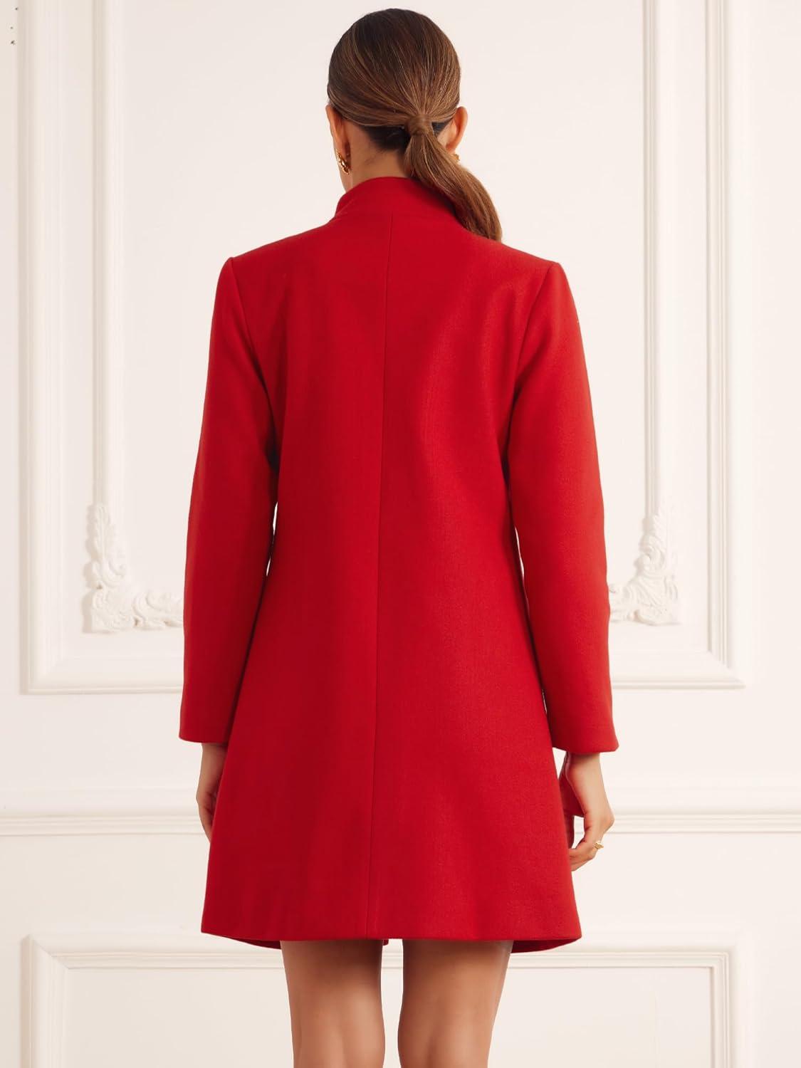 imageAllegra K Stand Collar Coats for Womens Elegant Slim Fit Hidden Placket Casual OvercoatRed