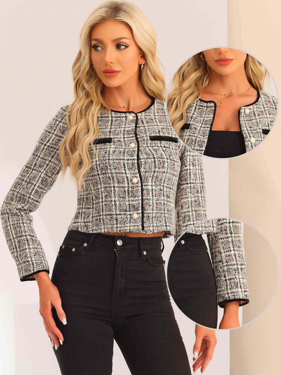 imageAllegra K Tweed Jacket for Womens Long Sleeve Casual Work Office Plaid Short OutwearApricot