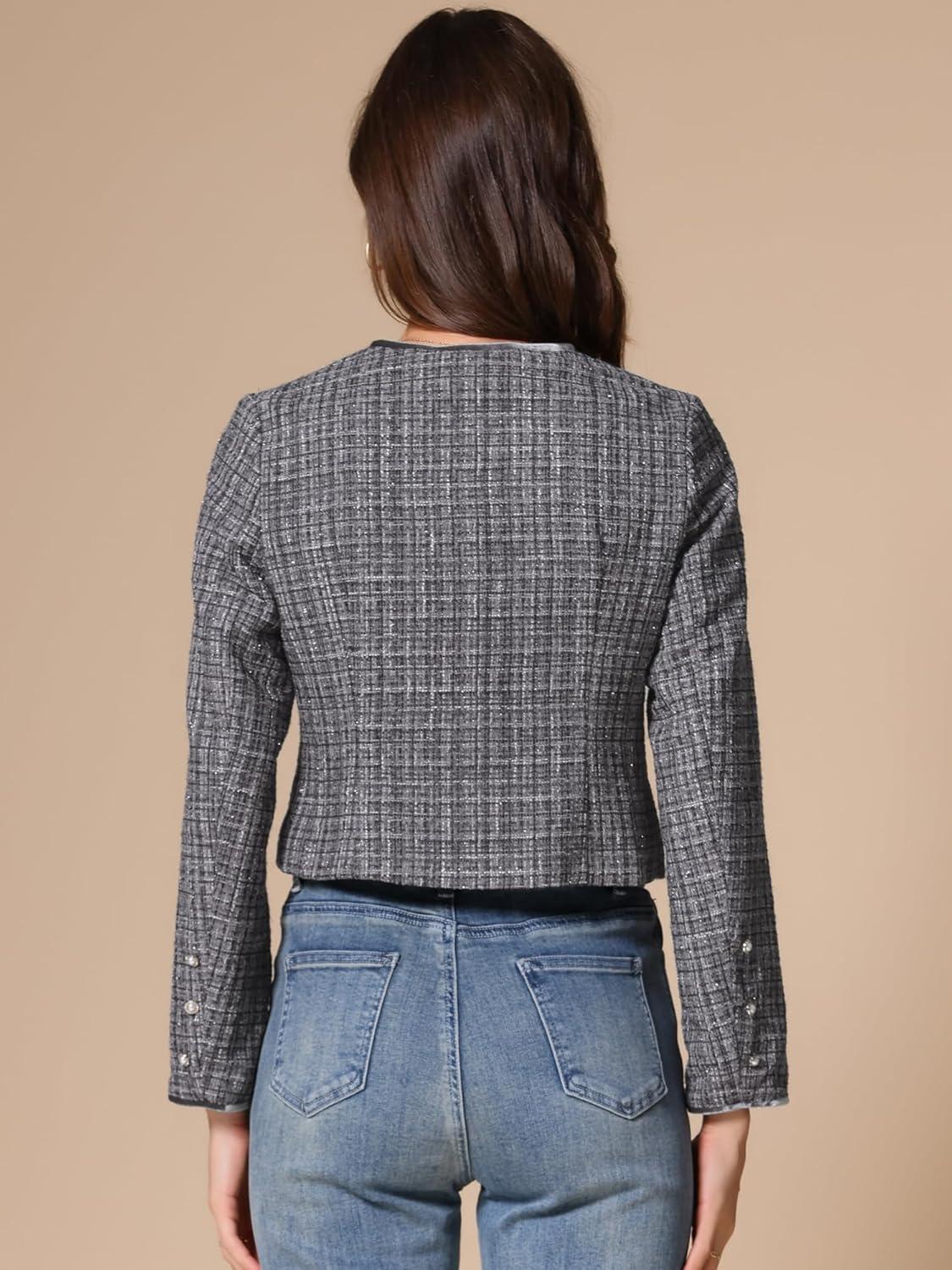 imageAllegra K Tweed Jacket for Womens Long Sleeve Casual Work Office Plaid Short OutwearBlack Grey