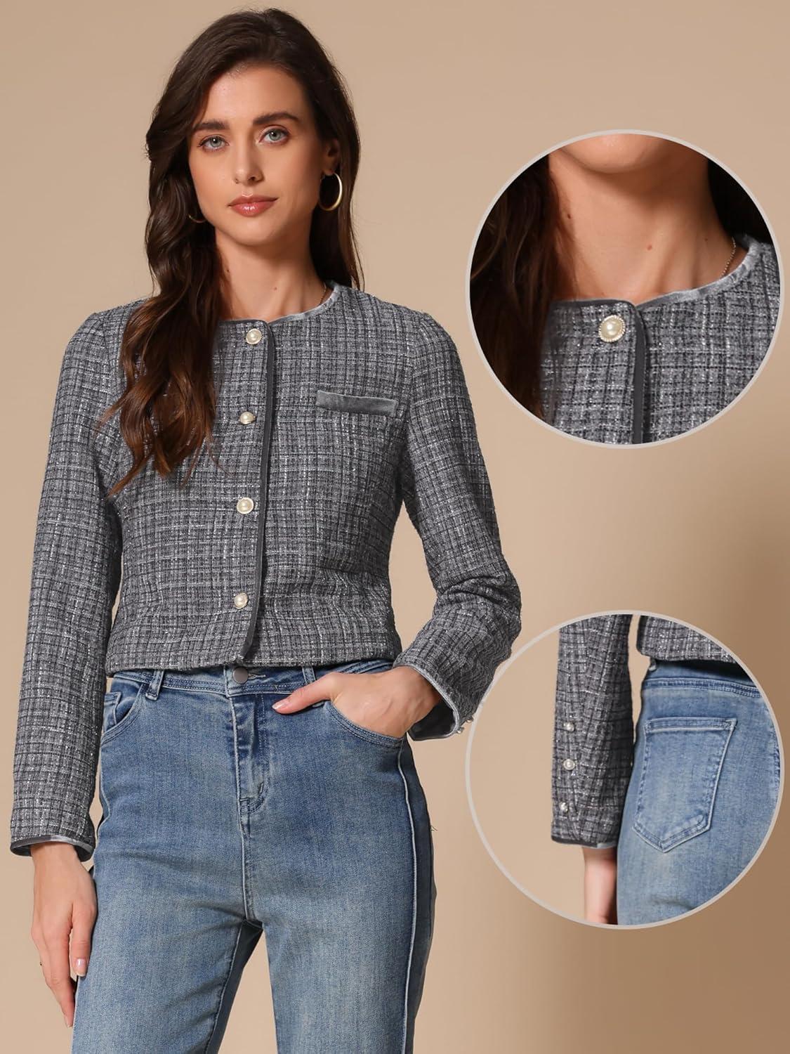 imageAllegra K Tweed Jacket for Womens Long Sleeve Casual Work Office Plaid Short OutwearBlack Grey