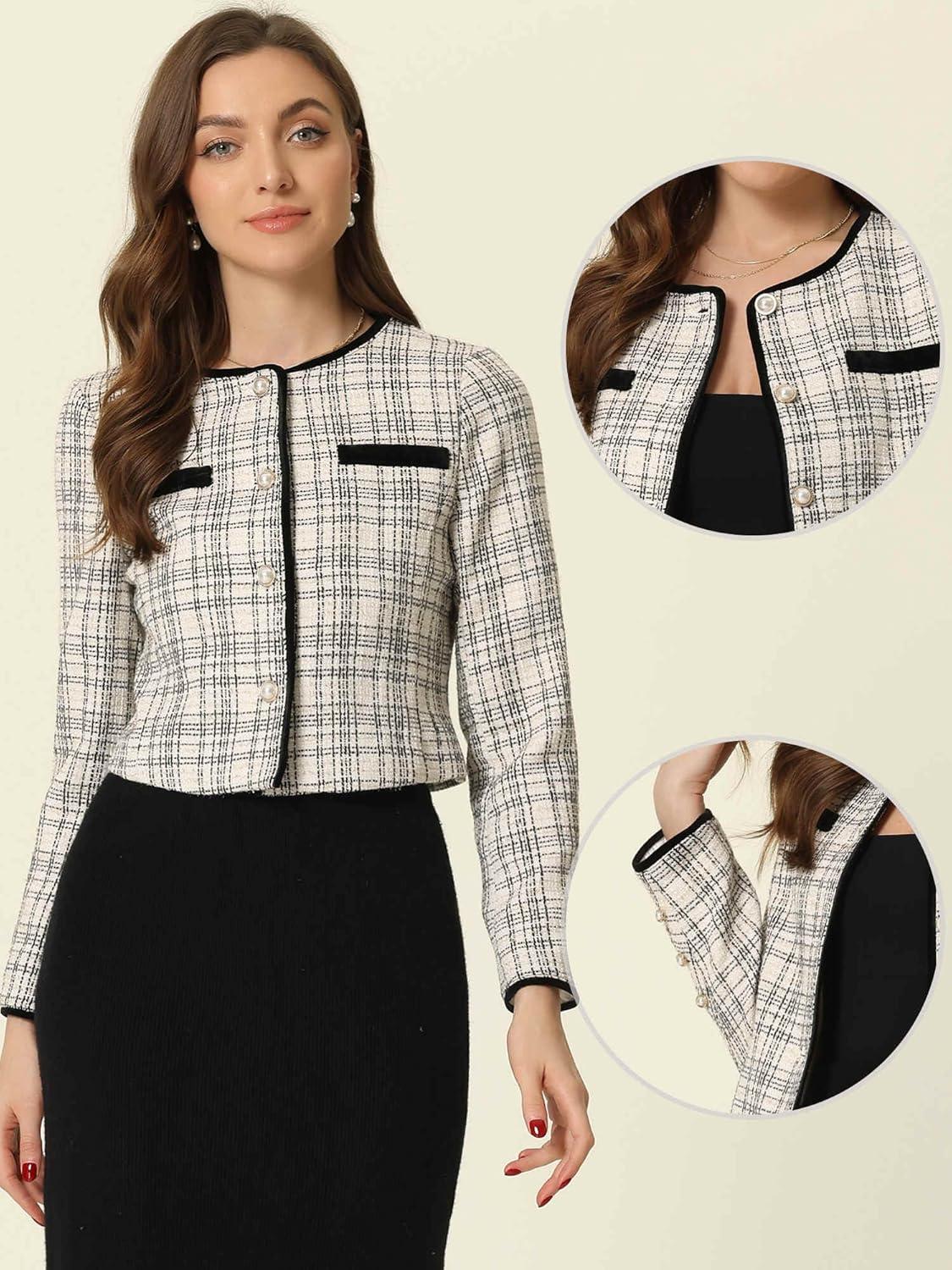 imageAllegra K Tweed Jacket for Womens Long Sleeve Casual Work Office Plaid Short OutwearBlack White