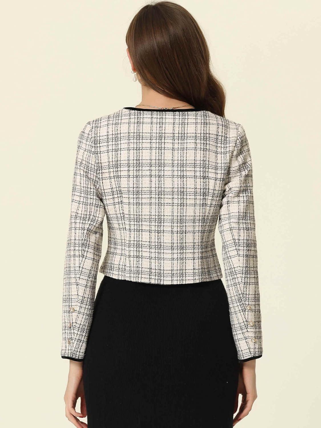imageAllegra K Tweed Jacket for Womens Long Sleeve Casual Work Office Plaid Short OutwearBlack White