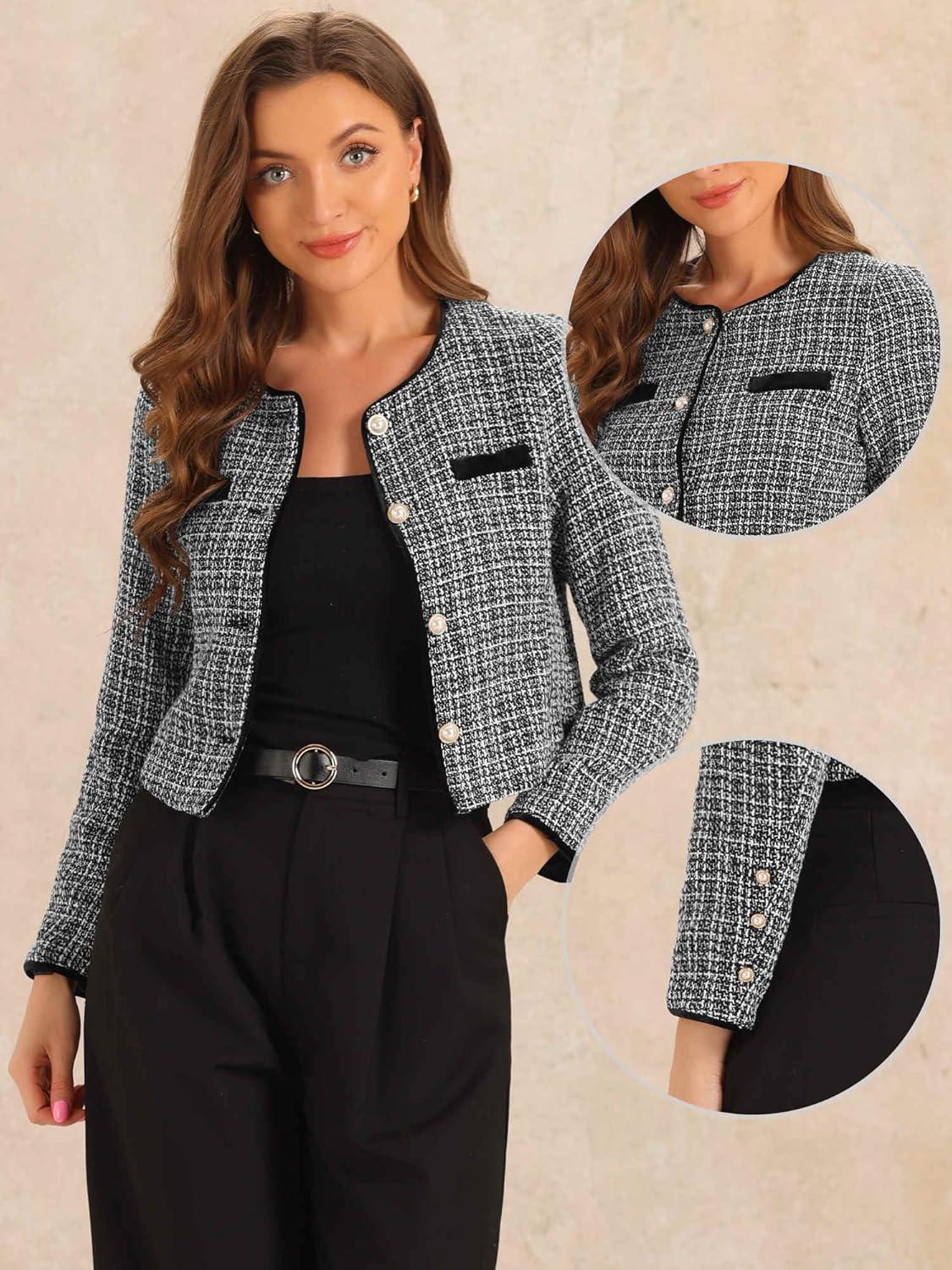 imageAllegra K Tweed Jacket for Womens Long Sleeve Casual Work Office Plaid Short OutwearBlackwhite