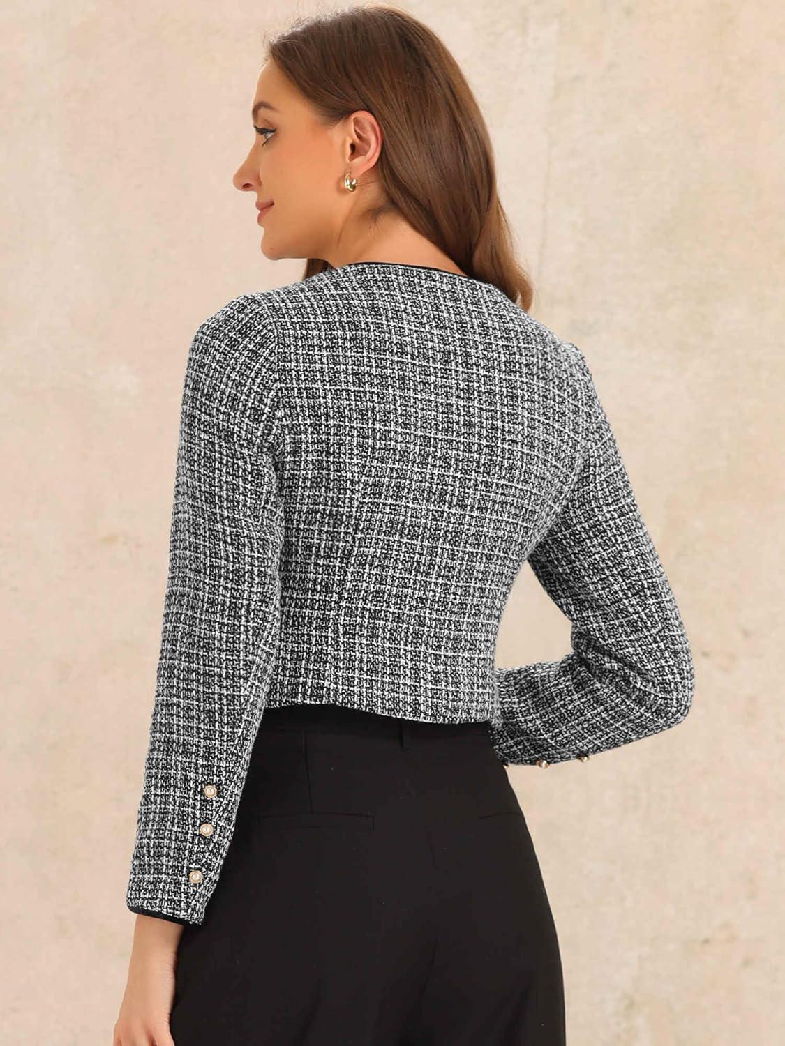 imageAllegra K Tweed Jacket for Womens Long Sleeve Casual Work Office Plaid Short OutwearBlackwhite