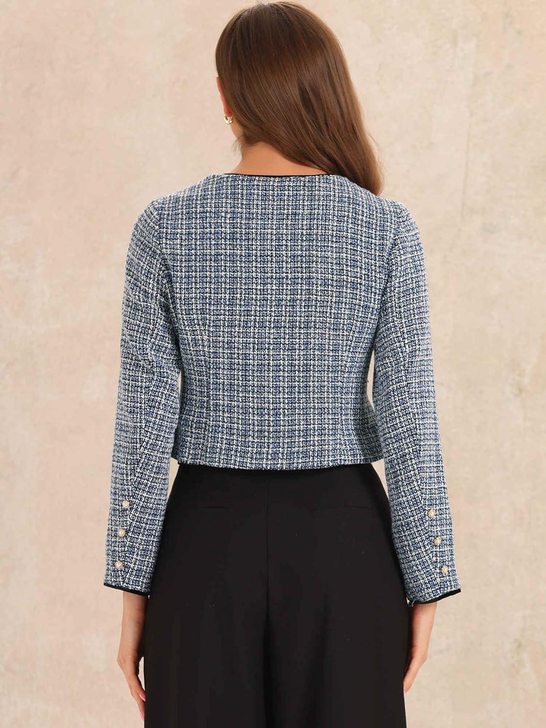 imageAllegra K Tweed Jacket for Womens Long Sleeve Casual Work Office Plaid Short OutwearBlue White