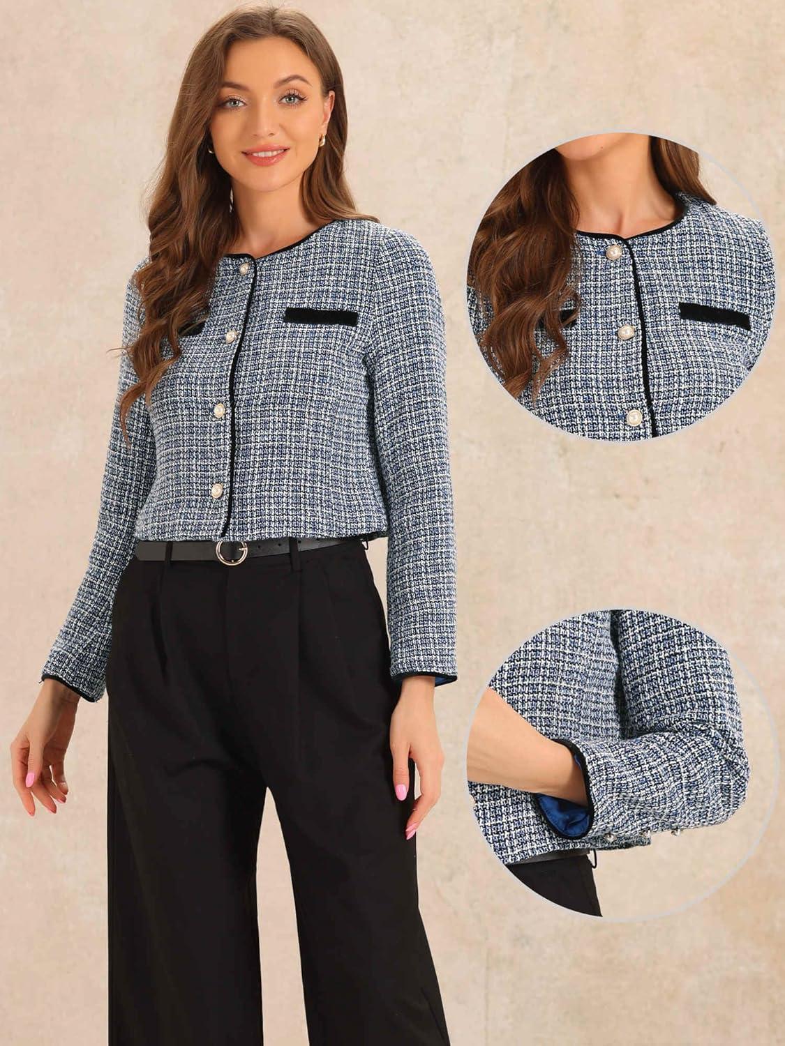imageAllegra K Tweed Jacket for Womens Long Sleeve Casual Work Office Plaid Short OutwearBlue White