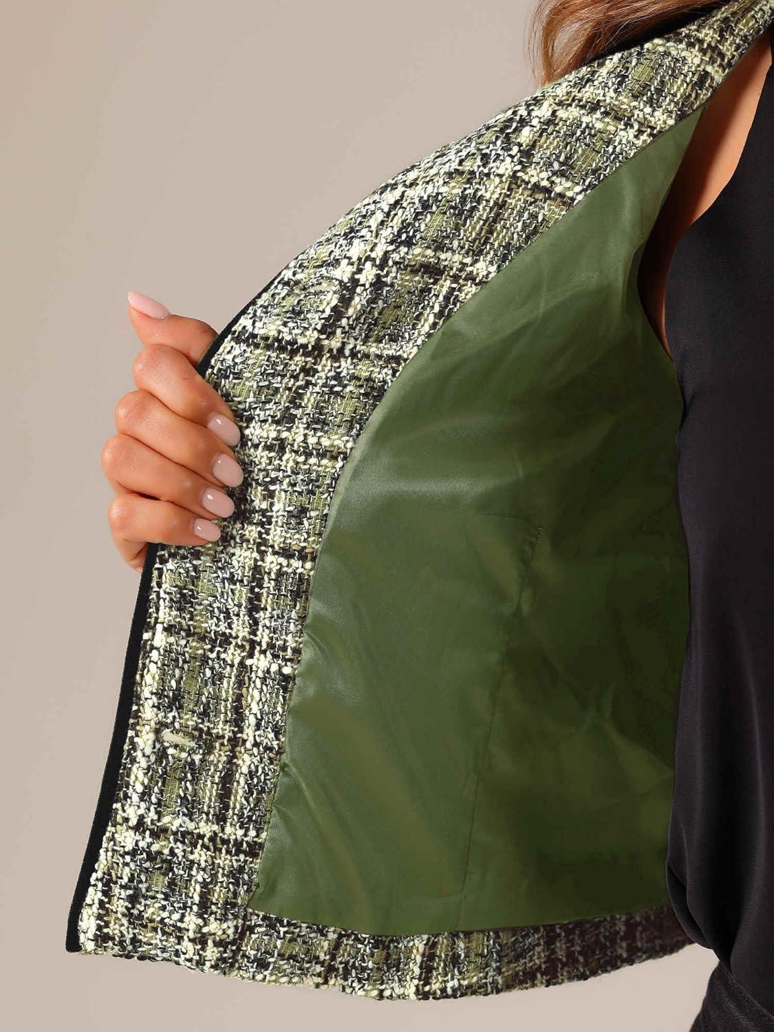 imageAllegra K Tweed Jacket for Womens Long Sleeve Casual Work Office Plaid Short OutwearGreen