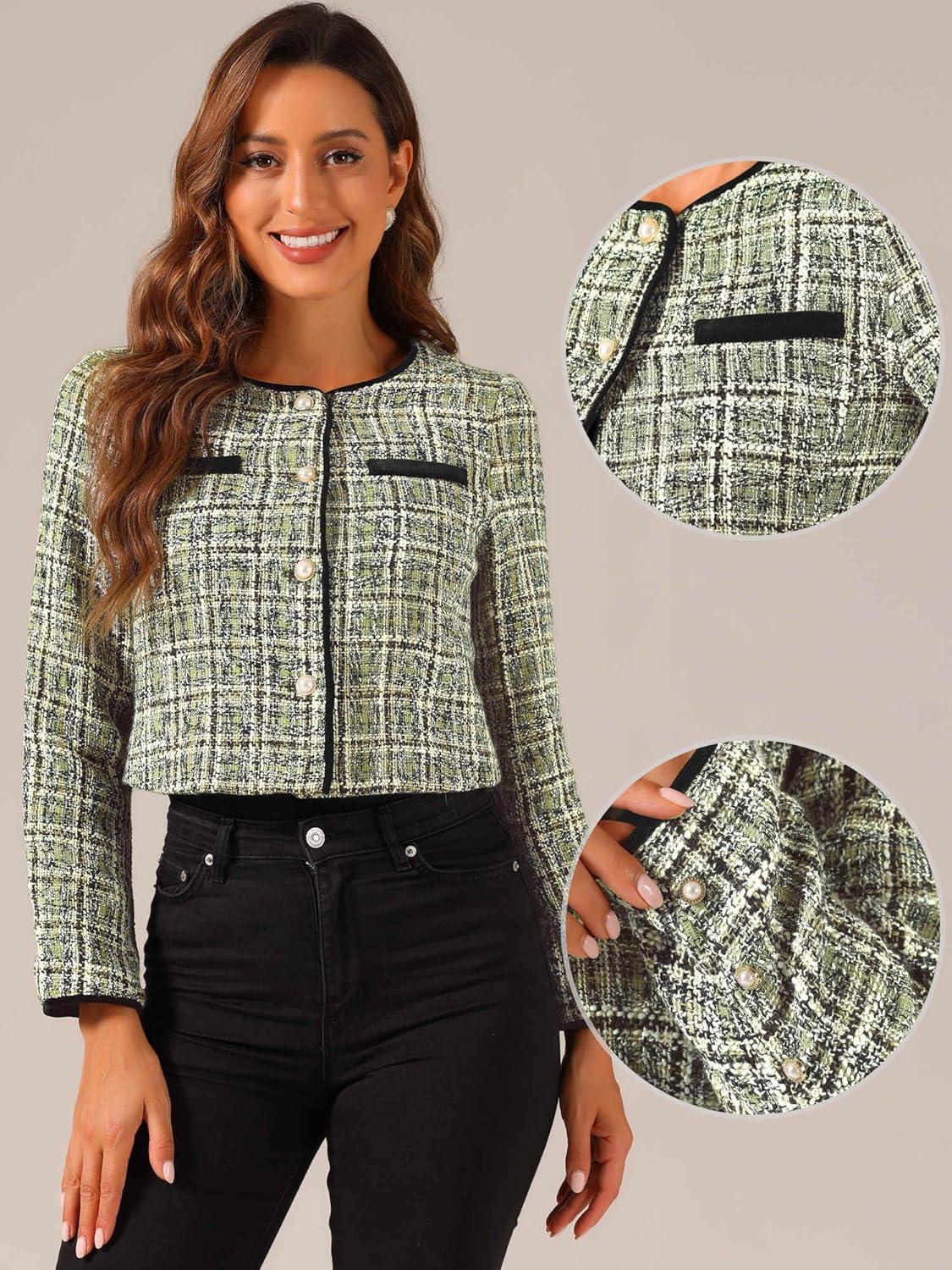 imageAllegra K Tweed Jacket for Womens Long Sleeve Casual Work Office Plaid Short OutwearGreen