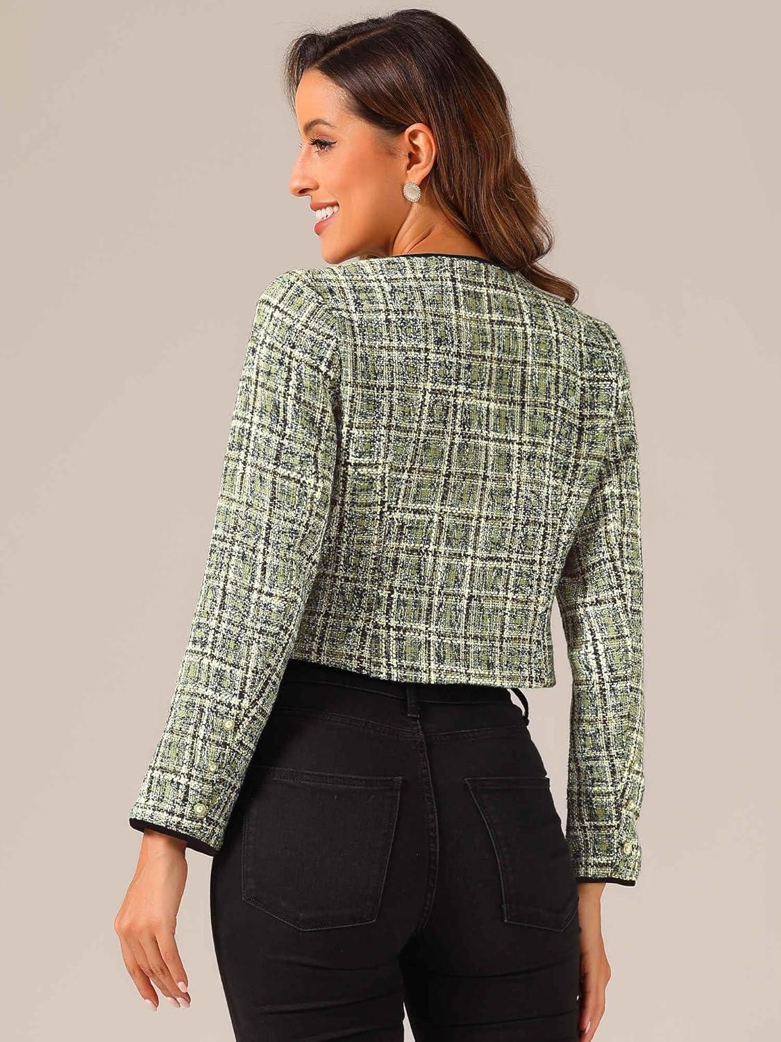 imageAllegra K Tweed Jacket for Womens Long Sleeve Casual Work Office Plaid Short OutwearGreen