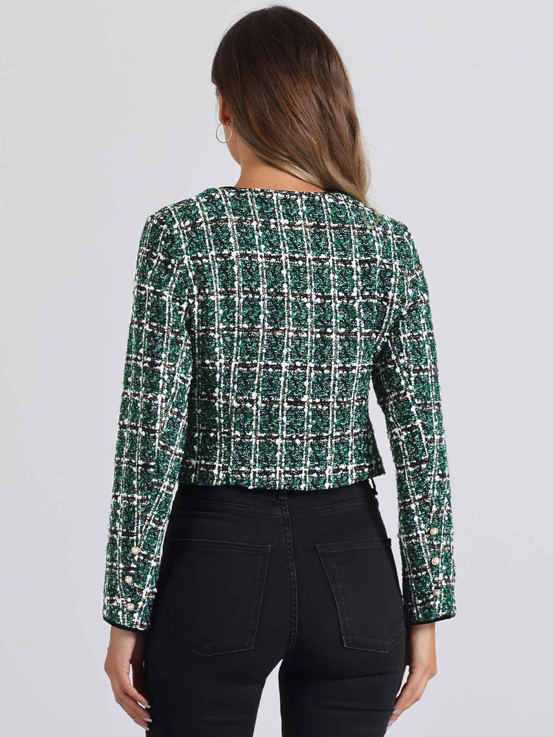 imageAllegra K Tweed Jacket for Womens Long Sleeve Casual Work Office Plaid Short OutwearGreen Black