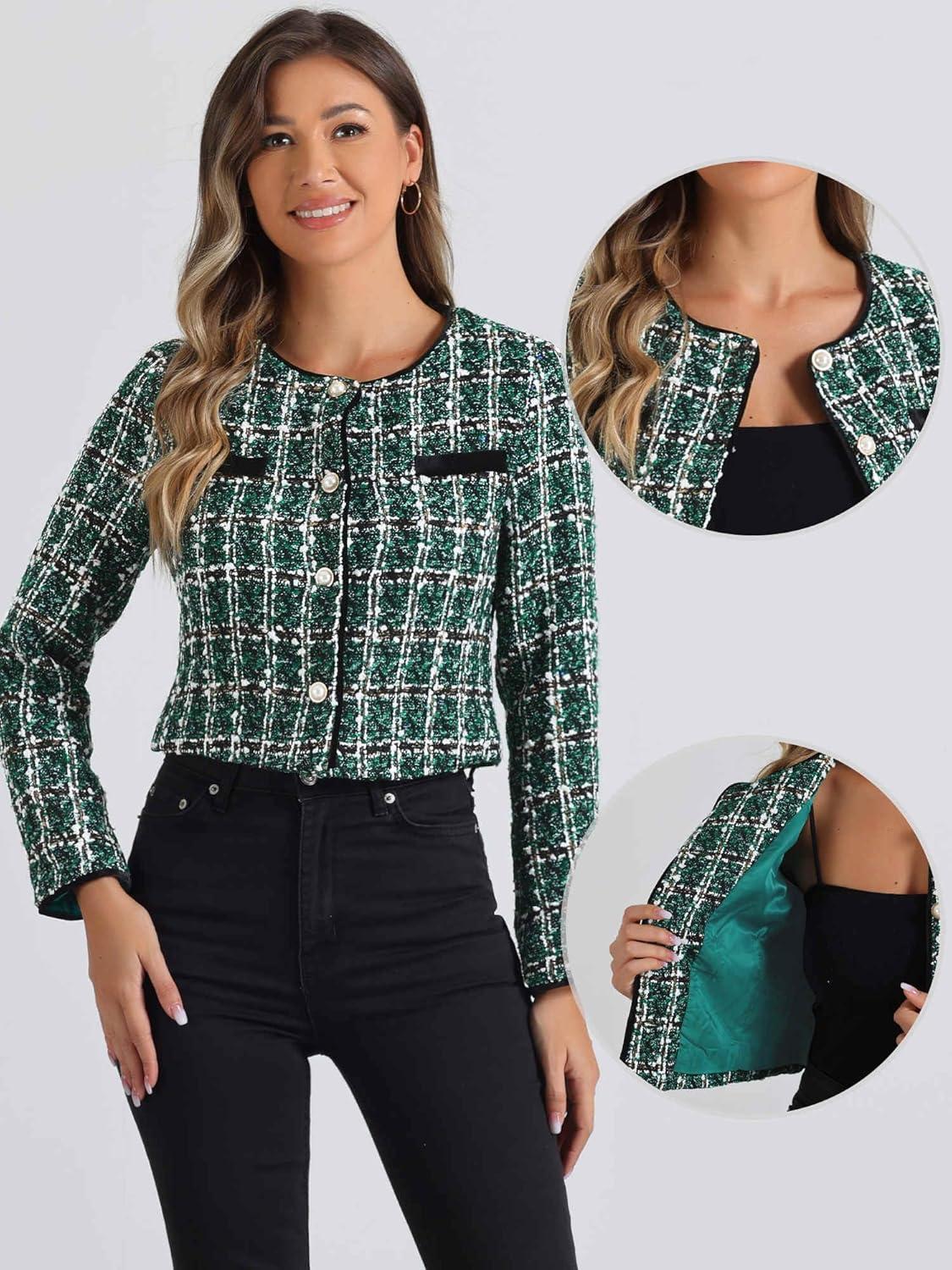 imageAllegra K Tweed Jacket for Womens Long Sleeve Casual Work Office Plaid Short OutwearGreen Black