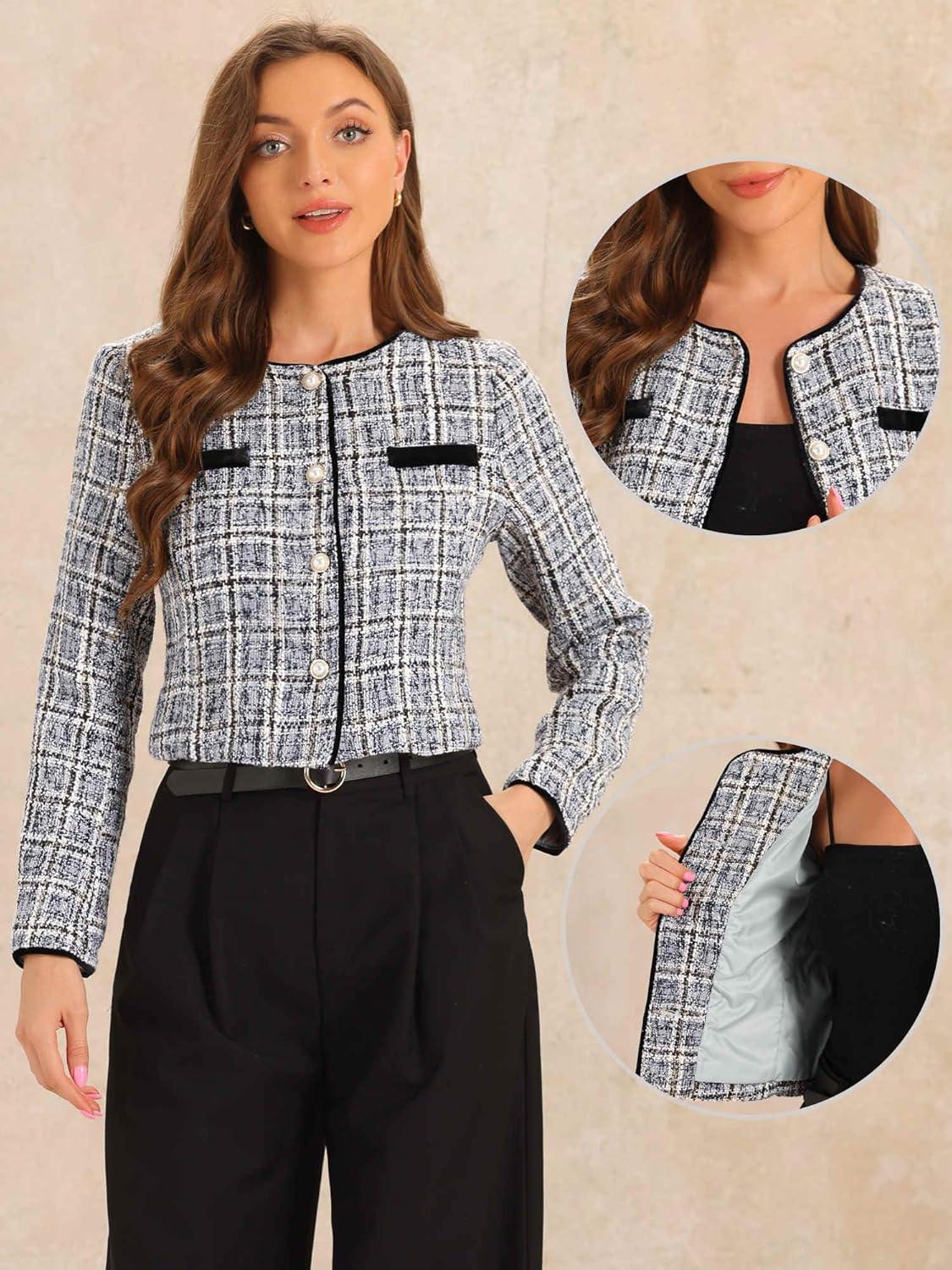 imageAllegra K Tweed Jacket for Womens Long Sleeve Casual Work Office Plaid Short OutwearGrey Brown