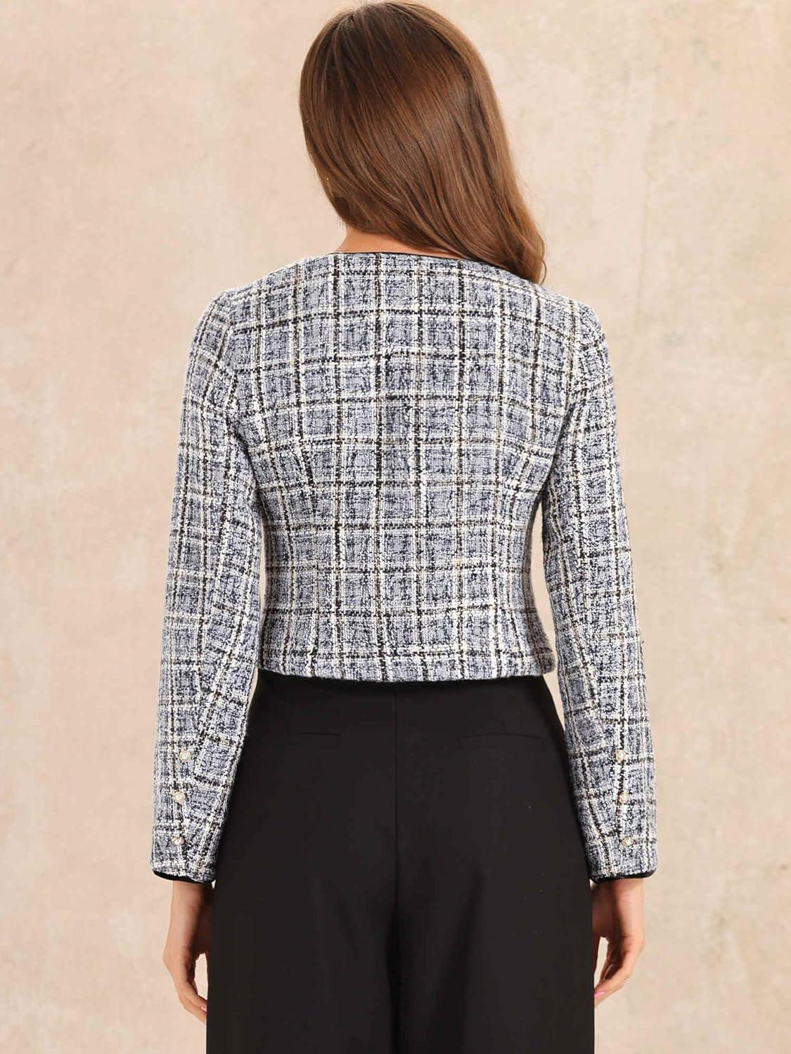 imageAllegra K Tweed Jacket for Womens Long Sleeve Casual Work Office Plaid Short OutwearGrey Brown