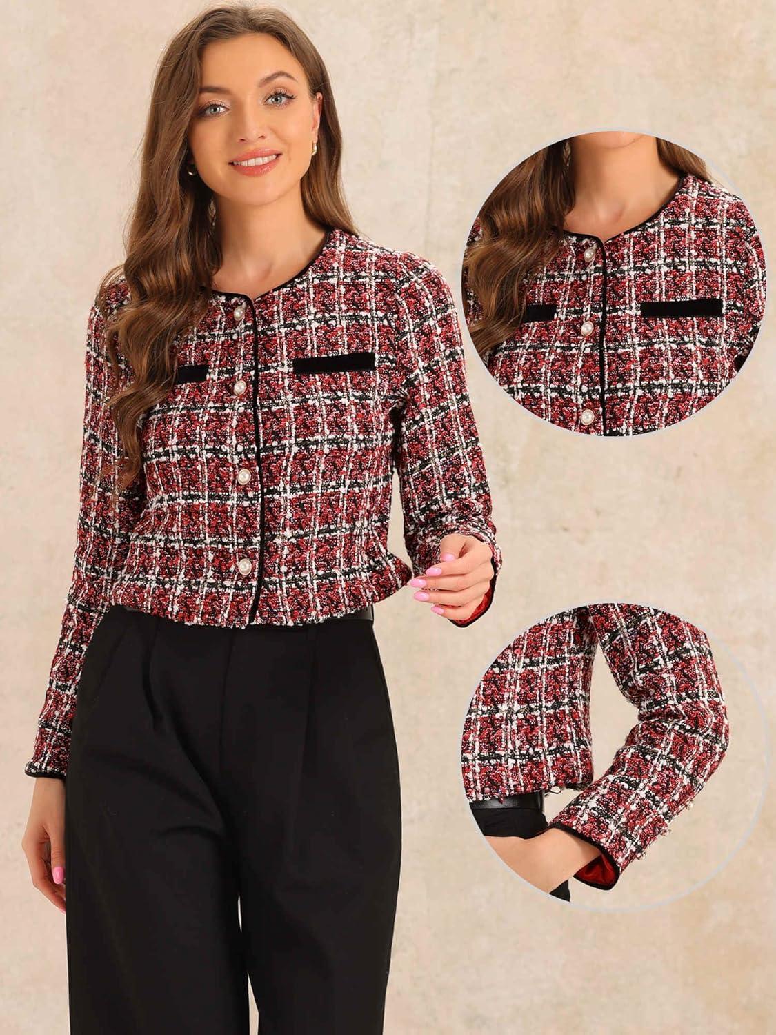imageAllegra K Tweed Jacket for Womens Long Sleeve Casual Work Office Plaid Short OutwearRed Black