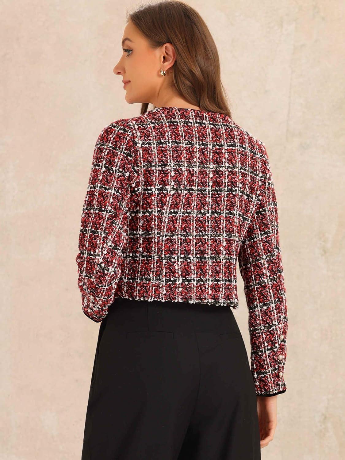 imageAllegra K Tweed Jacket for Womens Long Sleeve Casual Work Office Plaid Short OutwearRed Black