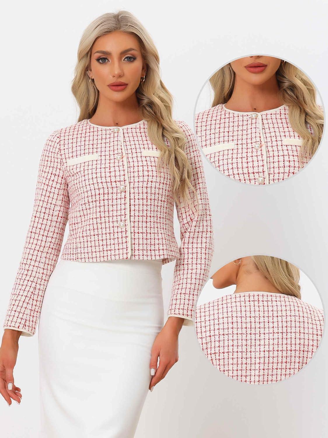imageAllegra K Tweed Jacket for Womens Long Sleeve Casual Work Office Plaid Short OutwearRed White