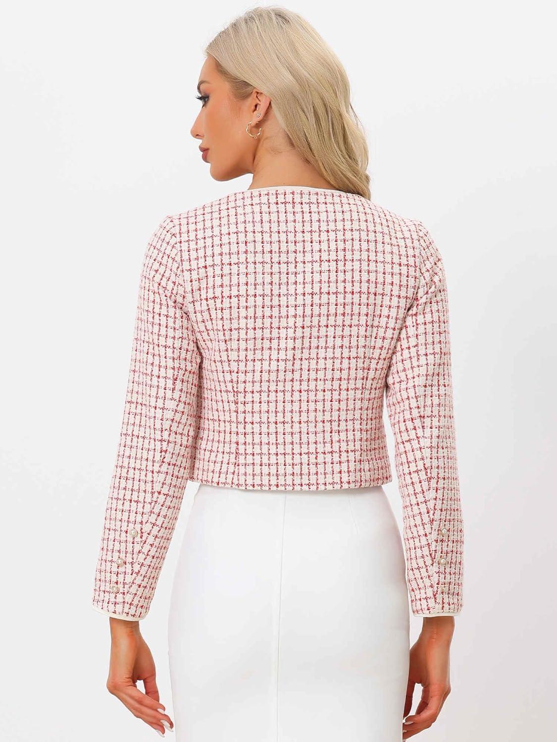 imageAllegra K Tweed Jacket for Womens Long Sleeve Casual Work Office Plaid Short OutwearRed White