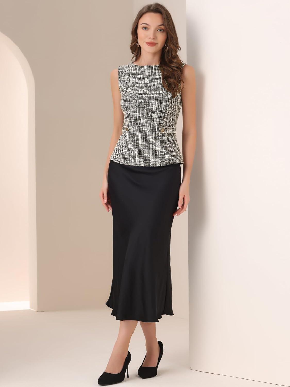 imageAllegra K Tweed Top for Womens Elegant Plaid Print Sleeveless Crew Neck Waist Buckle Back Zipper Blazer Vest TopsBeige Black
