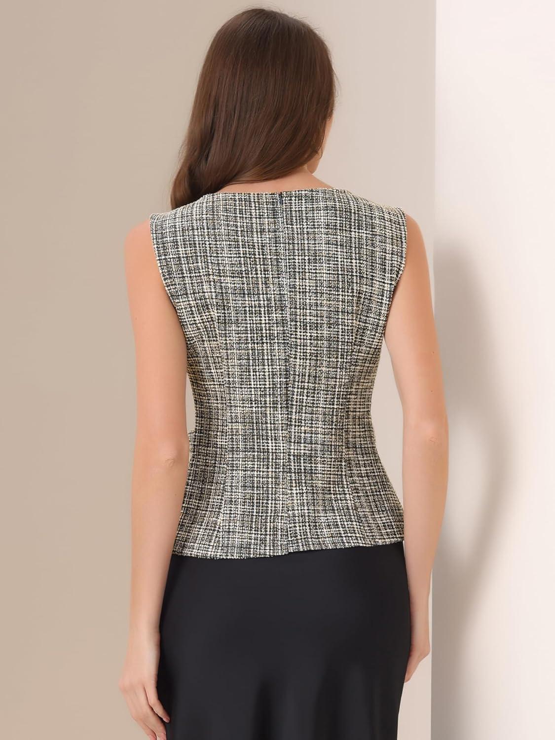 imageAllegra K Tweed Top for Womens Elegant Plaid Print Sleeveless Crew Neck Waist Buckle Back Zipper Blazer Vest TopsBeige Black