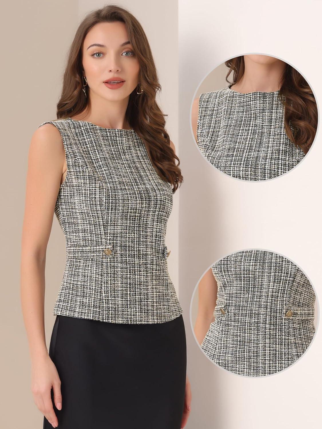 imageAllegra K Tweed Top for Womens Elegant Plaid Print Sleeveless Crew Neck Waist Buckle Back Zipper Blazer Vest TopsBeige Black