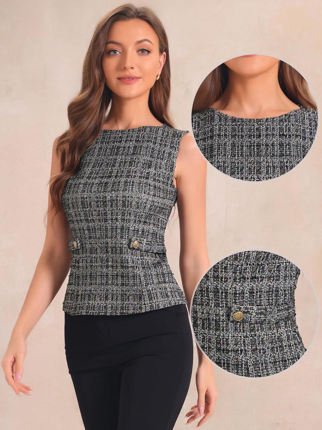imageAllegra K Tweed Top for Womens Elegant Plaid Print Sleeveless Crew Neck Waist Buckle Back Zipper Blazer Vest TopsBlack