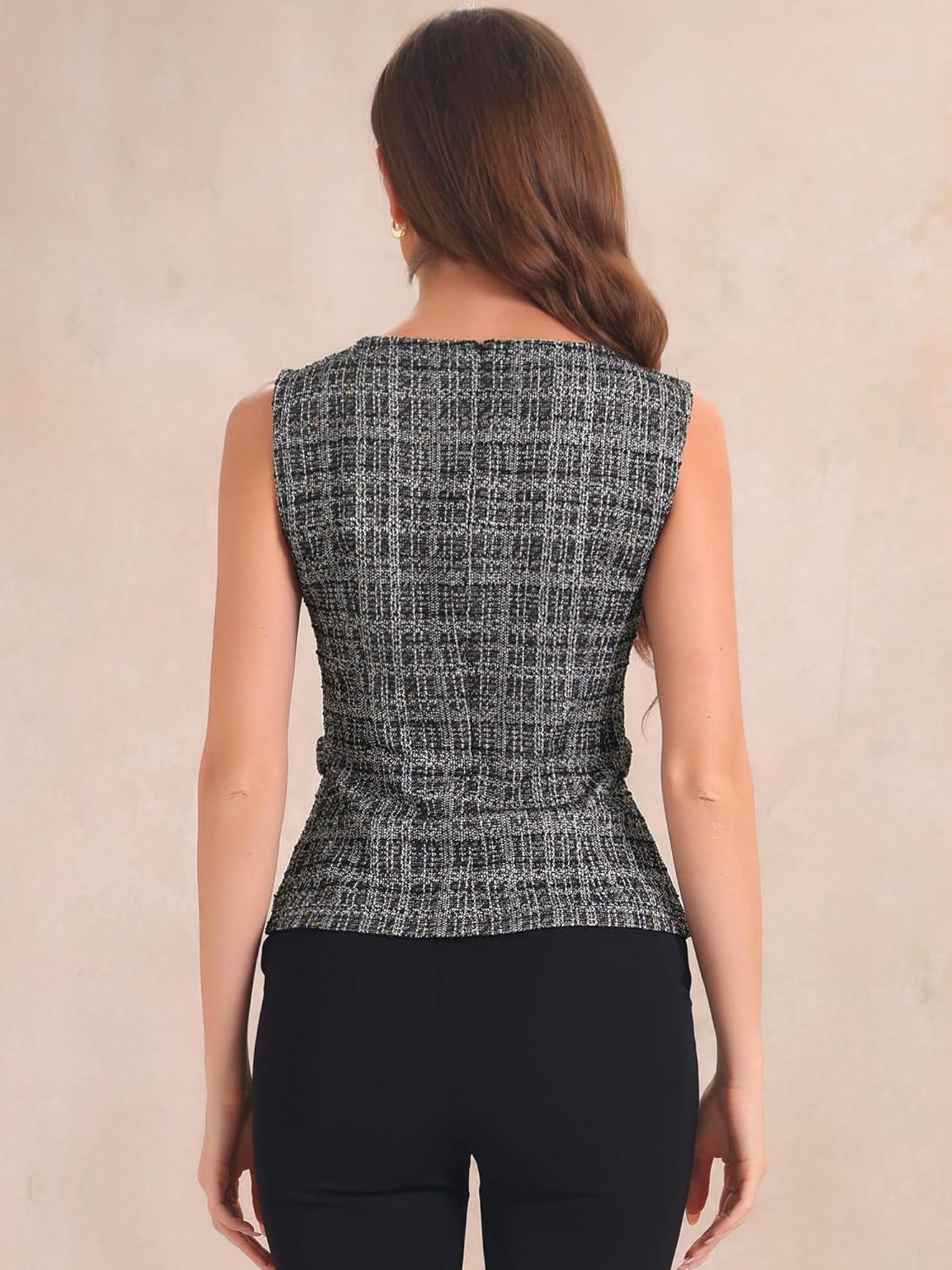 imageAllegra K Tweed Top for Womens Elegant Plaid Print Sleeveless Crew Neck Waist Buckle Back Zipper Blazer Vest TopsBlack