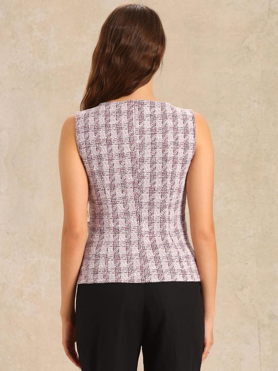 imageAllegra K Tweed Top for Womens Elegant Plaid Print Sleeveless Crew Neck Waist Buckle Back Zipper Blazer Vest TopsPink White