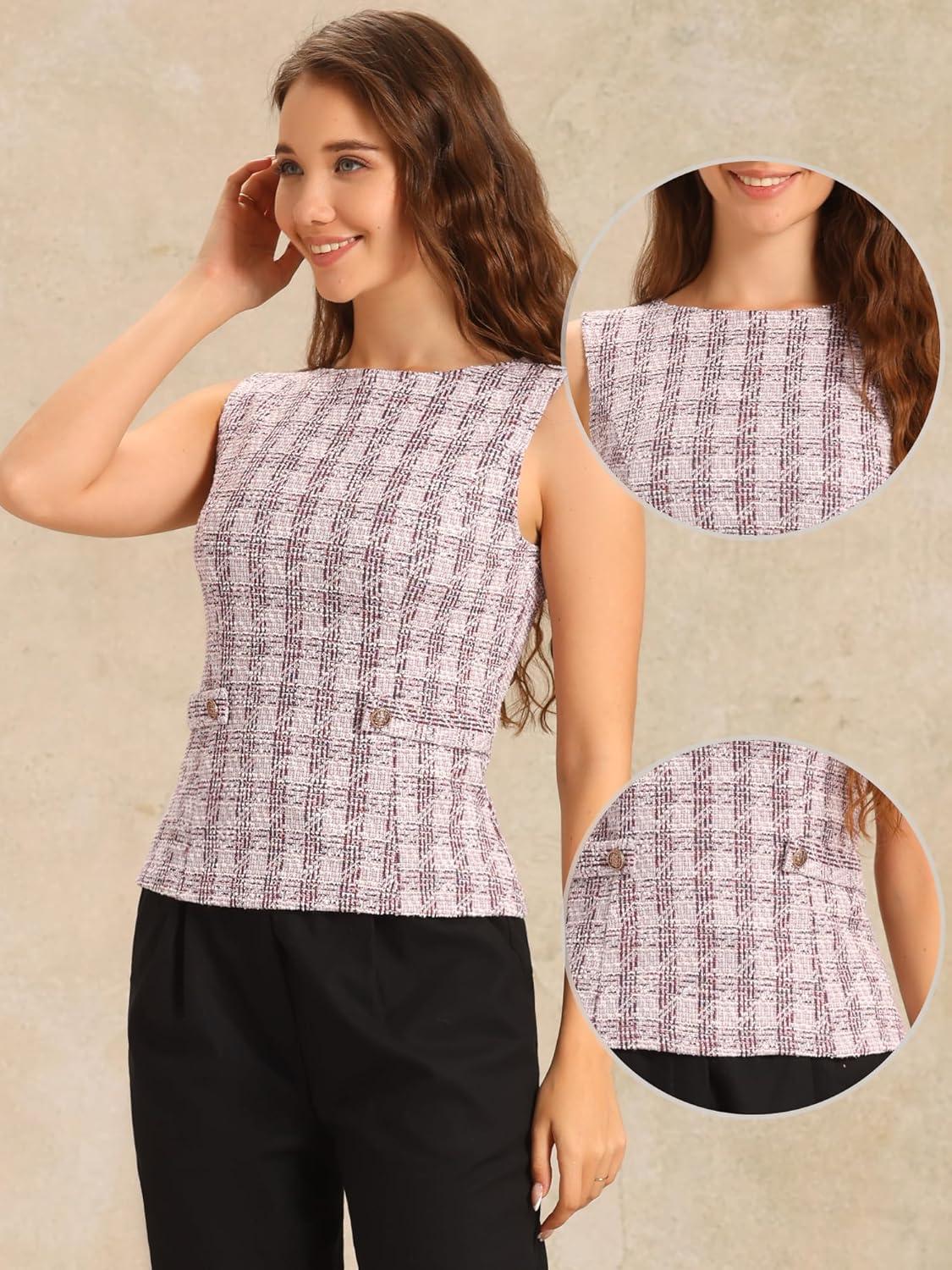imageAllegra K Tweed Top for Womens Elegant Plaid Print Sleeveless Crew Neck Waist Buckle Back Zipper Blazer Vest TopsPink White