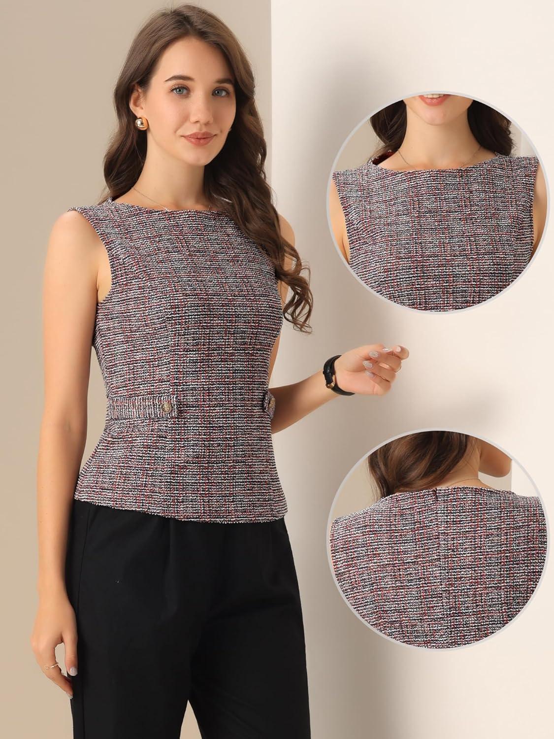 imageAllegra K Tweed Top for Womens Elegant Plaid Print Sleeveless Crew Neck Waist Buckle Back Zipper Blazer Vest TopsRed Black