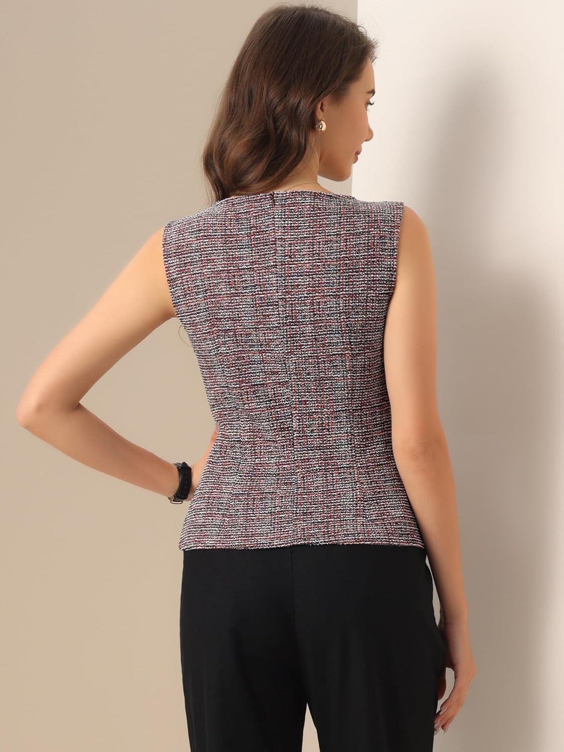 imageAllegra K Tweed Top for Womens Elegant Plaid Print Sleeveless Crew Neck Waist Buckle Back Zipper Blazer Vest TopsRed Black