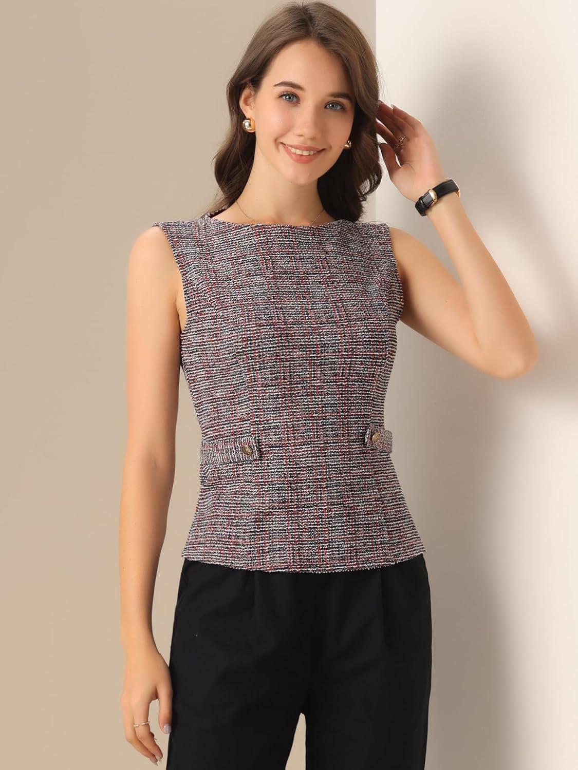 imageAllegra K Tweed Top for Womens Elegant Plaid Print Sleeveless Crew Neck Waist Buckle Back Zipper Blazer Vest TopsRed Black