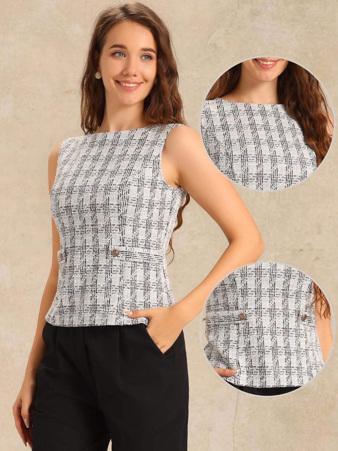 imageAllegra K Tweed Top for Womens Elegant Plaid Print Sleeveless Crew Neck Waist Buckle Back Zipper Blazer Vest TopsWhite Black