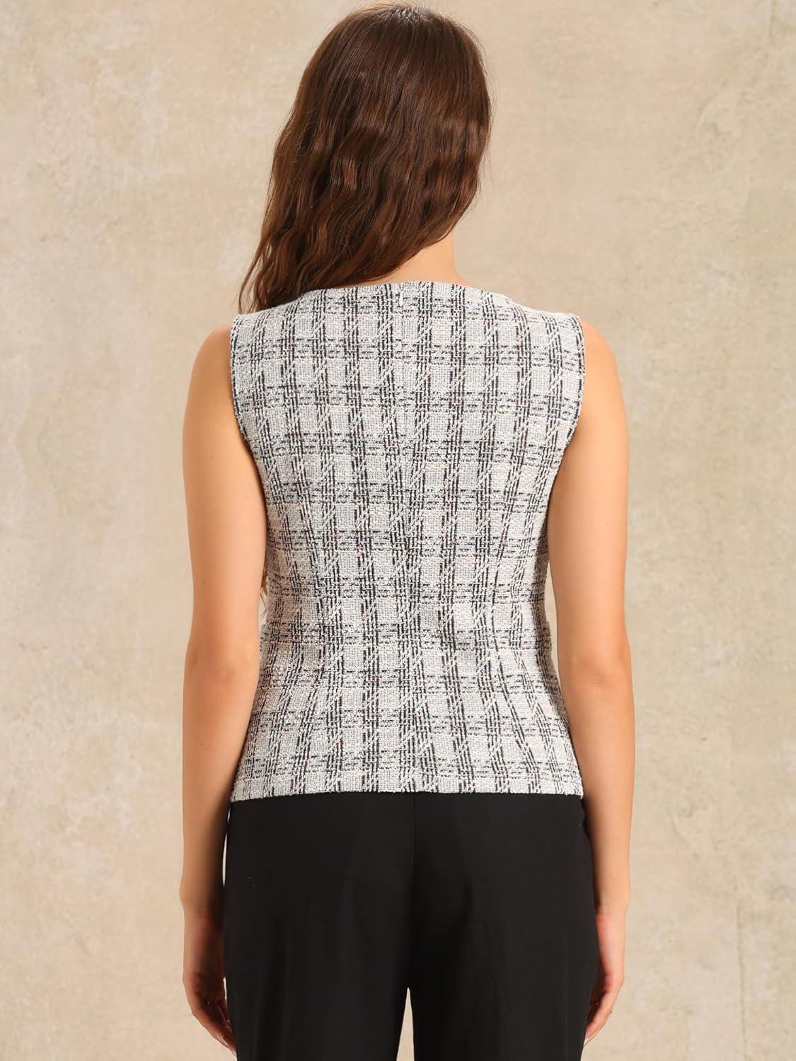 imageAllegra K Tweed Top for Womens Elegant Plaid Print Sleeveless Crew Neck Waist Buckle Back Zipper Blazer Vest TopsWhite Black