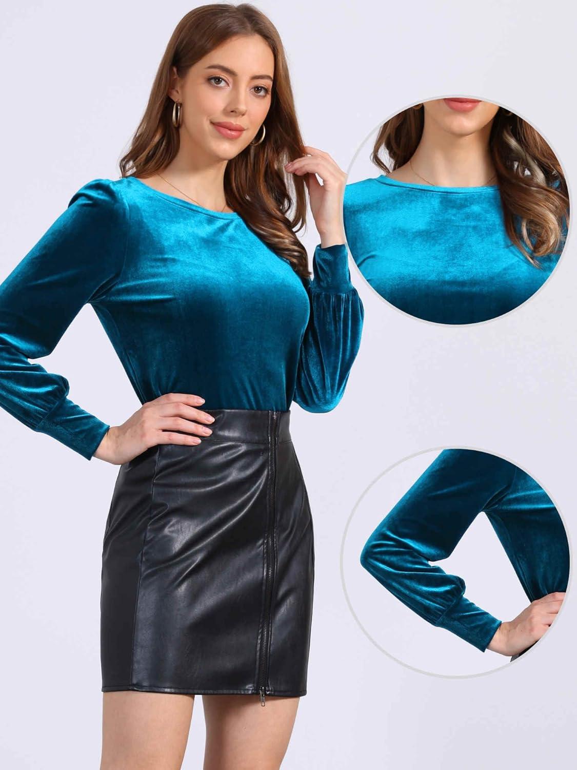 imageAllegra K Velvet Tops for Women Crew Neck Puff Long Sleeve Casual Pullover Fall Winter Blouses TopPeacock Blue