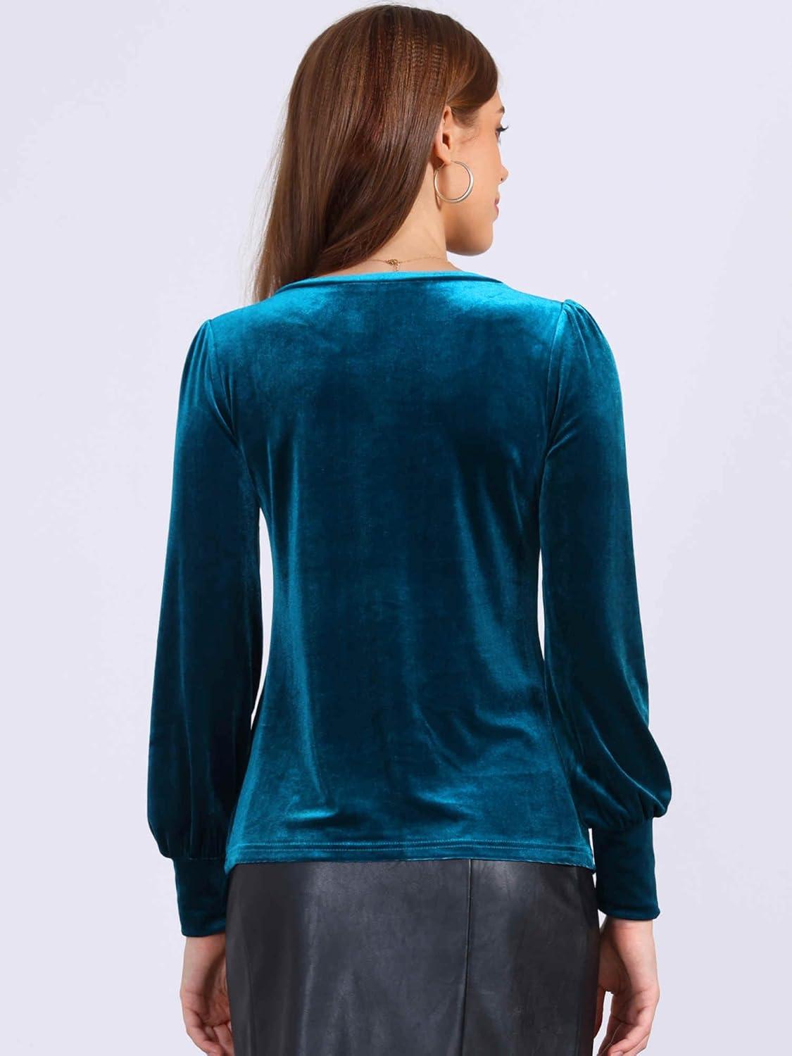 imageAllegra K Velvet Tops for Women Crew Neck Puff Long Sleeve Casual Pullover Fall Winter Blouses TopPeacock Blue