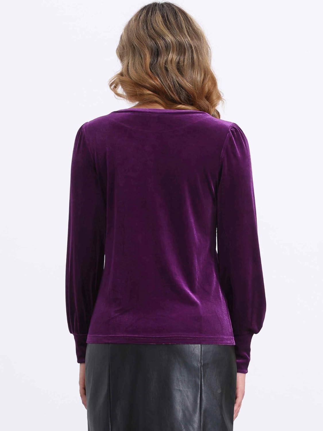 imageAllegra K Velvet Tops for Women Crew Neck Puff Long Sleeve Casual Pullover Fall Winter Blouses TopPurple