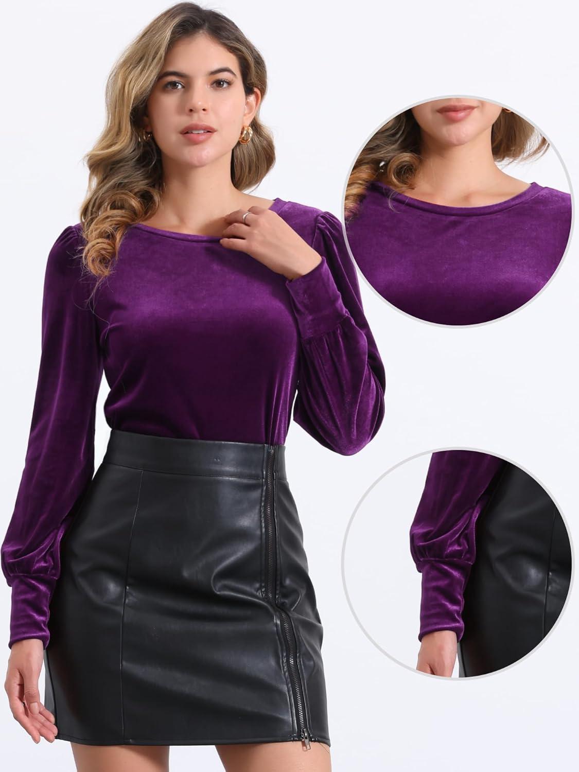 imageAllegra K Velvet Tops for Women Crew Neck Puff Long Sleeve Casual Pullover Fall Winter Blouses TopPurple