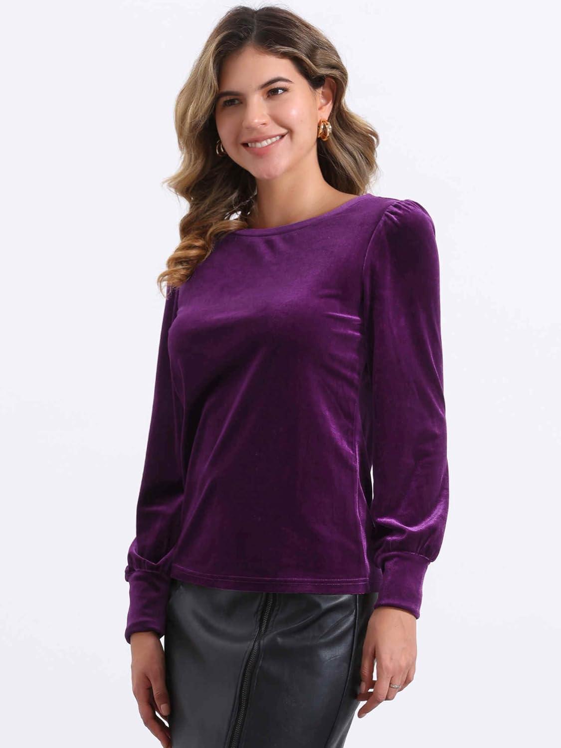 imageAllegra K Velvet Tops for Women Crew Neck Puff Long Sleeve Casual Pullover Fall Winter Blouses TopPurple